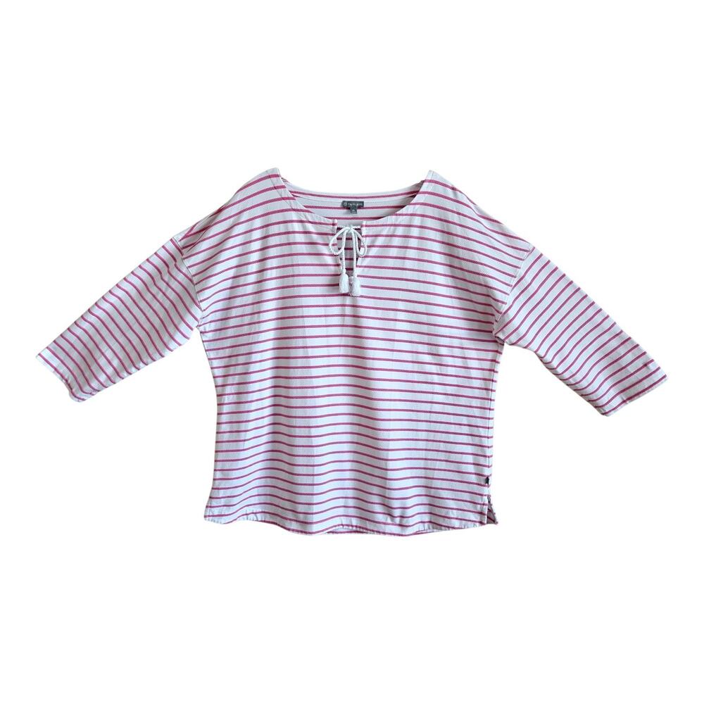 TALBOTs Women XL Tunic Top Pink White Striped Tassel Tie 3/4 Sleeve Coastal 46"